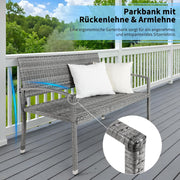 Tuinbank - Buitenbank - Terrasbank - Balkonbank - 2-zitsbank - met Staal Frame - Armsteunen - Tuinmeubelen - voor Tuin - Terras - Balkon - Polyrotan - 122 x 60 x 85 cm - Grijs
