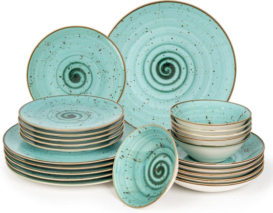 24-delig porseleinen tafelservies met de hand beschilderd en krasbestendig voor 6 personen, 6 platte borden, 6 diepe kommen, 6 dessertborden en 6 kommen, turquoise spiraalbinding