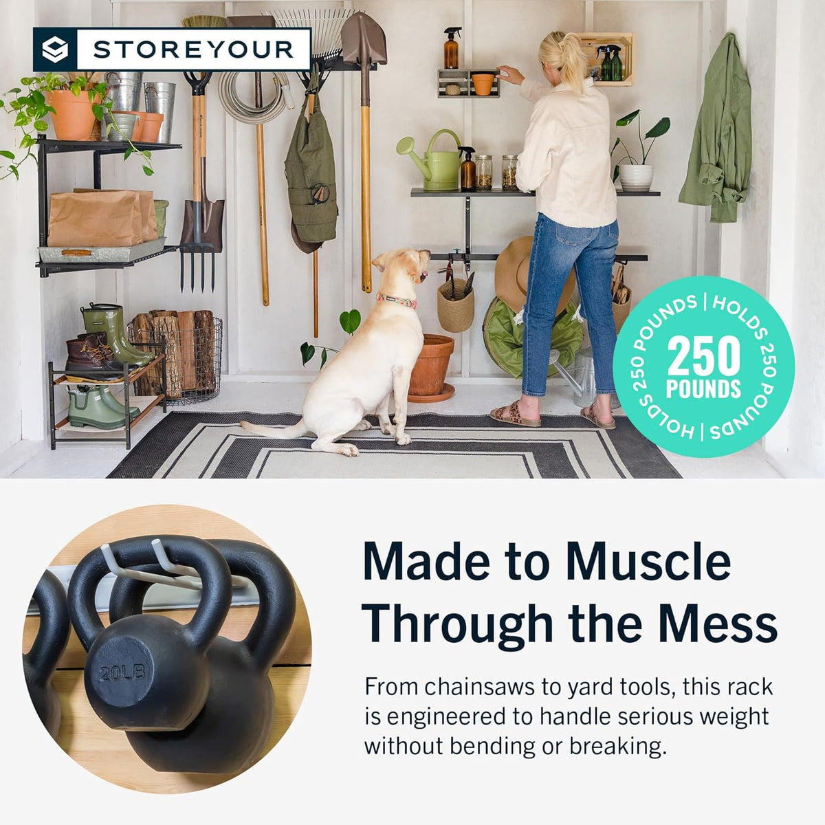StoreYourBoard Wandrek met 4 garagehaken - zware stalen houder voor garage- en tuinopslag voor schuur, werkplaats of thuisorganisatie - voor harken, schoppen, gereedschap en meer - 2 stuks, zwart