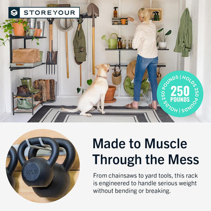 StoreYourBoard Wandrek met 4 garagehaken - zware stalen houder voor garage- en tuinopslag voor schuur, werkplaats of thuisorganisatie - voor harken, schoppen, gereedschap en meer - 2 stuks, zwart