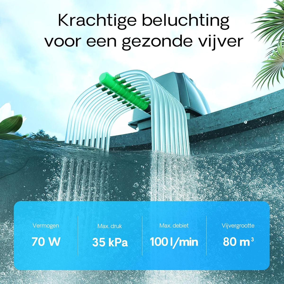 SunSun CAP-100 beluchtingspomp 70 W, luchtpomp voor 80 m³ aquarium en tuinvijver, vijverbeluchter 100 l/min met 16 luchtuitlaten, geluidsarme zuurstofpomp