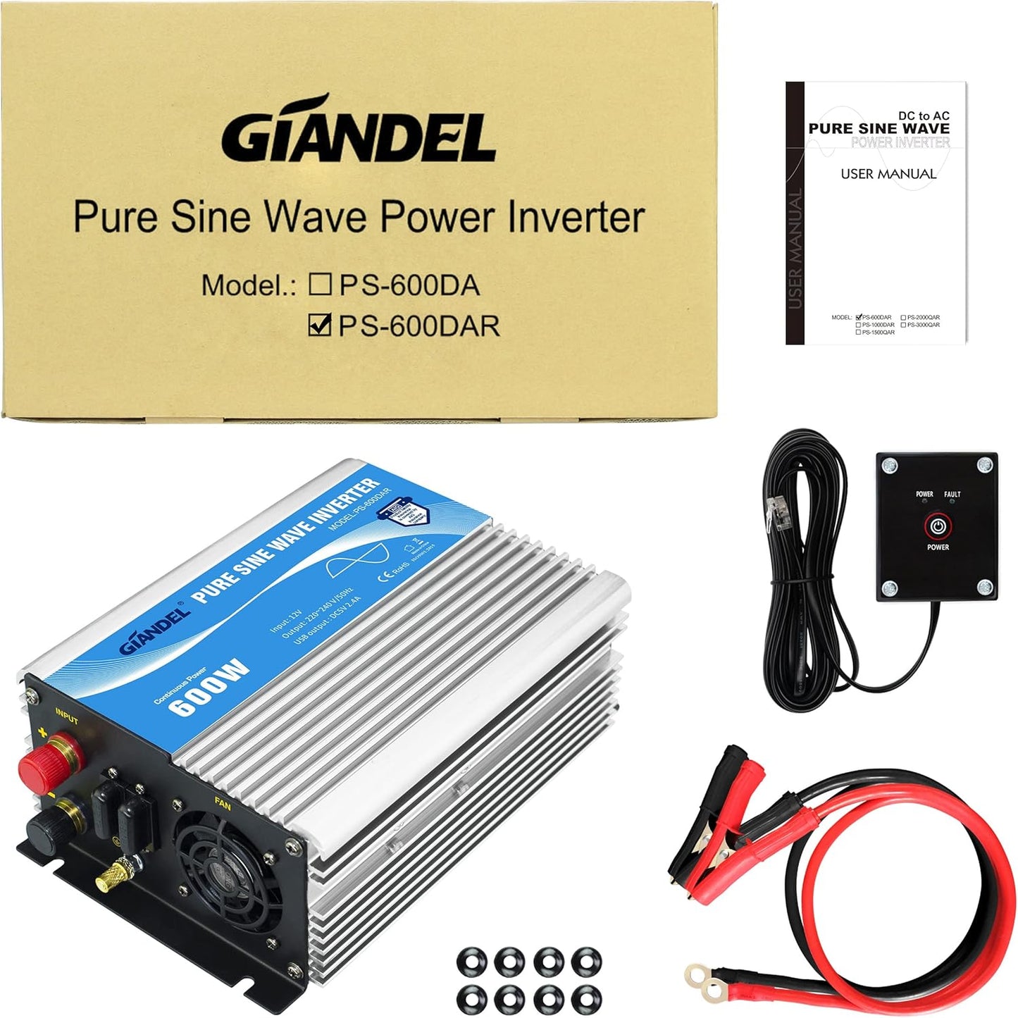 600 W omvormer, zuivere sinus, spanningsomvormer, 12 V naar 230 V, power inverter met afstandsbediening en USB-aansluiting voor laptop, camera, smartphone, GIANDEL zilver