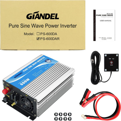 600 W omvormer, zuivere sinus, spanningsomvormer, 12 V naar 230 V, power inverter met afstandsbediening en USB-aansluiting voor laptop, camera, smartphone, GIANDEL zilver