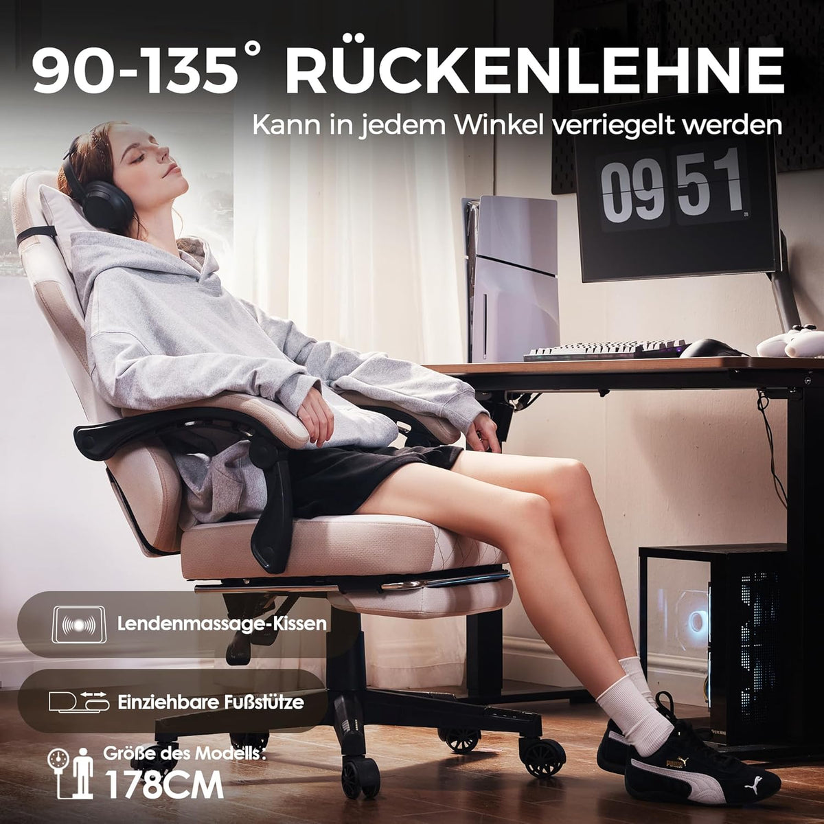 Gamingstoel – Bureaustoel – Office Chair – Gamerstoel – Ergonomische Stoel – Pocketveer Zitting – Verstelbare Rugleuning en Voetensteun – Beige