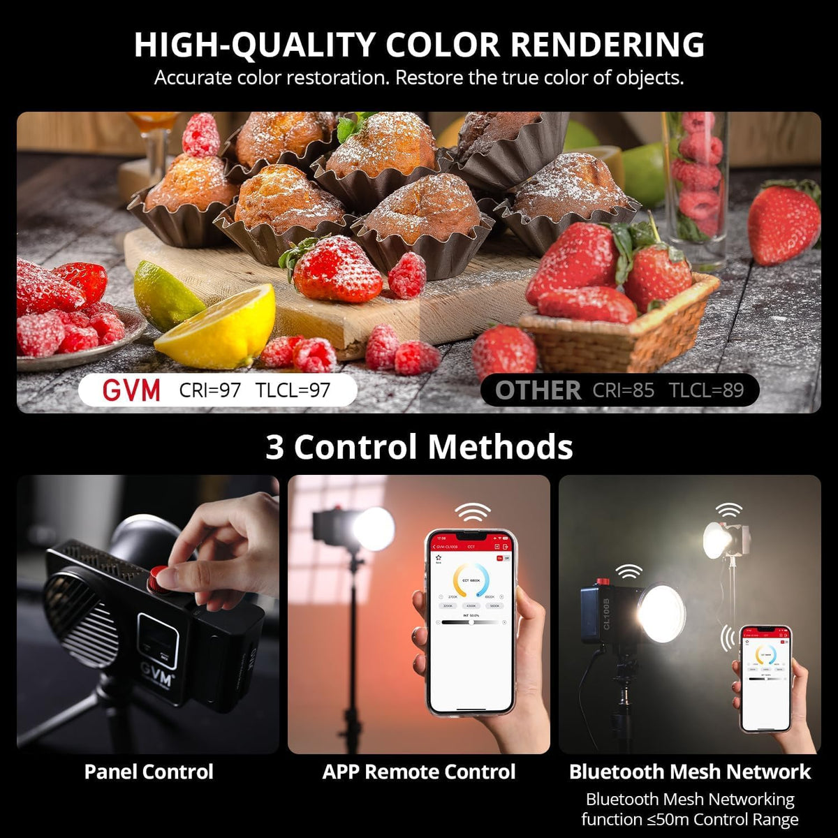 GVM Led-videolicht, 100 W, 2700 K ~ 6800 K, COB-camealicht, continu licht, fotolicht, 18500 lux @1 m studiolicht met reflector, 12 scènes fotografie-licht voor studio, fotografie, video-opnames, USB