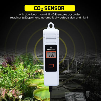 CO2 Controller With Dual Outlets for Grow Room, Automatic Control Between Regulators and Ventilators, NDIR Sensor Monitor With Large Display Graph, Temperature
