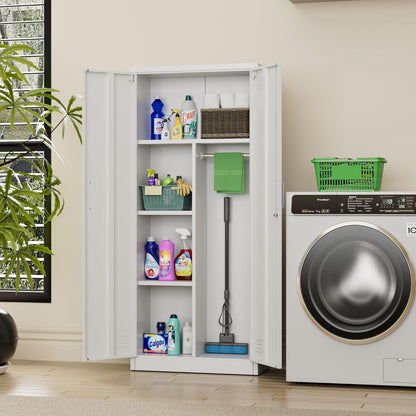Bestekkast met ventilatie en magneetsluiting, multifunctionele kast, stabiele stalen kast voor stofzuigers, schoonmaakmiddelen, wasgoed en huishoudelijke accessoires, 70 x 30 x 165 cm, wit