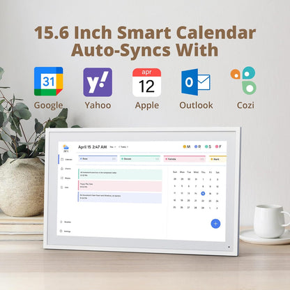 Dragon Touch 15,6 inch digitale kalender, wand, 1920 x 1080 FHD, elektronische wandkalender, familieplanner met 32 GB geheugen en wandhouder, touchscreen, intelligente tafelkalender, wit