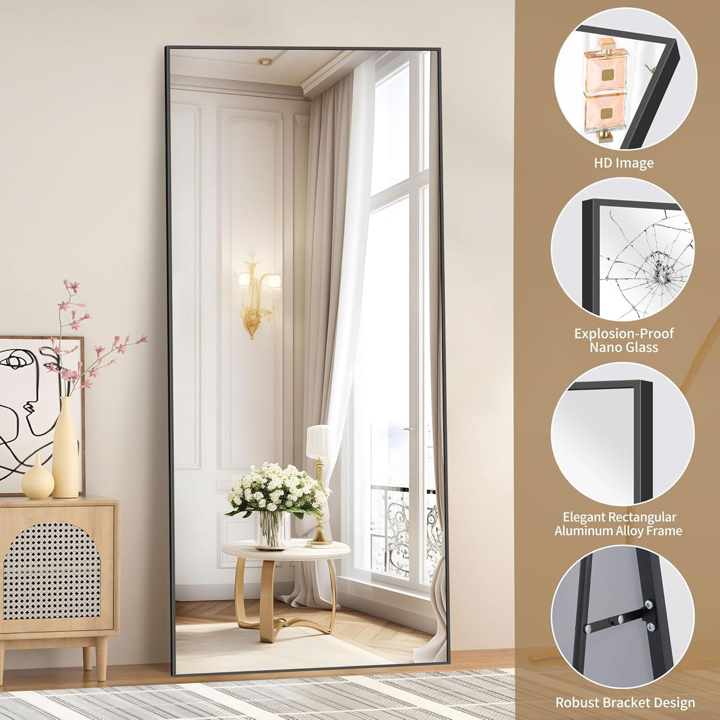 Vloerspiegel – Full Body Spiegel – Staande Spiegel – Grote Spiegel – Zwarte Spiegel – Extra Groot 193 x 86 cm – Ultradun Aluminium Frame – Vrijstaand en Ophangbaar