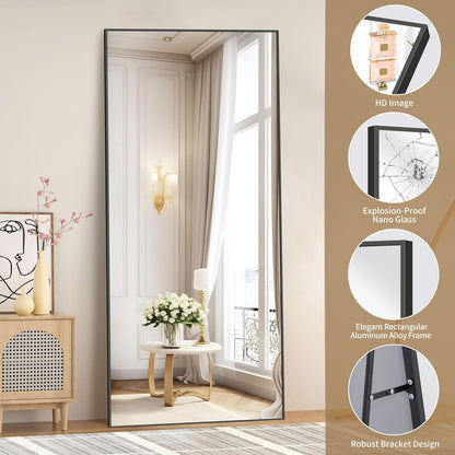 Vloerspiegel – Full Body Spiegel – Staande Spiegel – Grote Spiegel – Zwarte Spiegel – Extra Groot 193 x 86 cm – Ultradun Aluminium Frame – Vrijstaand en Ophangbaar