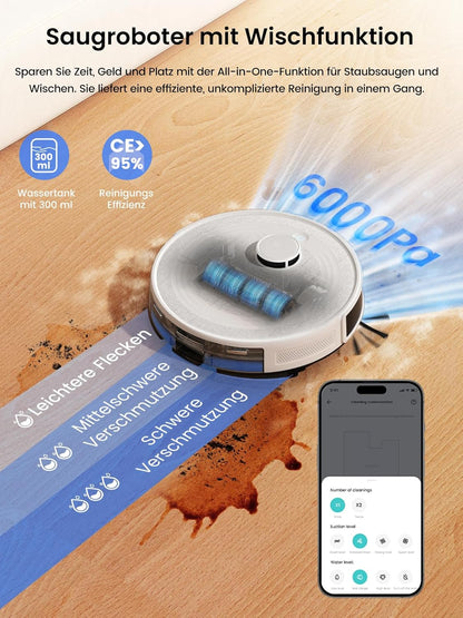 Robotstofzuiger – Dweilrobot – Stofzuigrobot – Automatische Stofzuiger – Smart Vacuum – 6000 Pa Zuigkracht – Automatisch Afvoerstation met PSD Obstakelvermijding