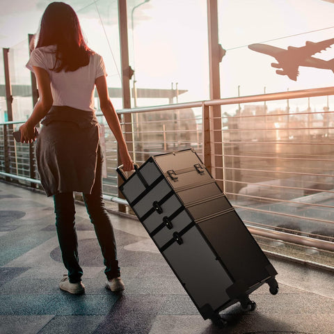 Professionele Aluminium Make-up Koffer – Extra Groot – Opvouwbaar Werkstation met Ondersteunende Poten – LED Spiegel &amp; Bluetooth – Verrijdbare Make-up Trolley – Type B – Zwart