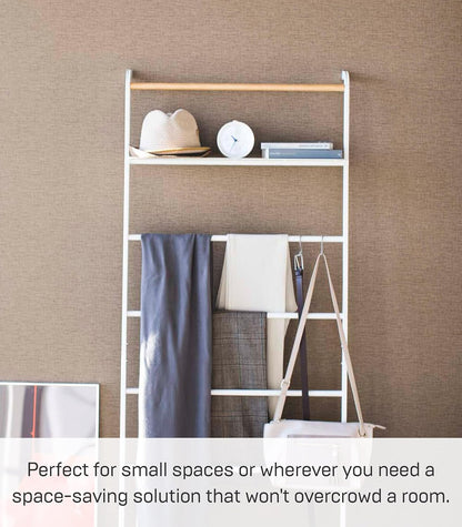 Yamazaki 3871 TOWER Leaning Ladder Hanger with Shelf, white, Steel/Wood, 66 x 30~38 x 160 cm
