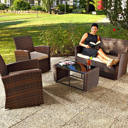 Melko Poly Rattan Set of 4 in Brown, Garden Furniture Lounge Furniture Dining Group, Includes Seat Cushions - Garden, Balcony, Patio - QUORE