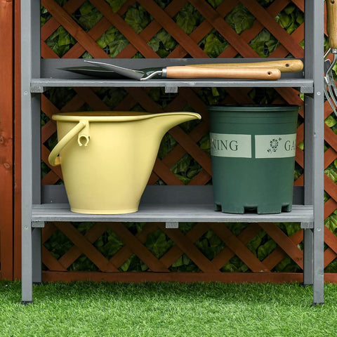 Oppottafel - Tuinwerktafel - Plantentafel -Tuinwerkbankje - met Metalen Haken - Schuiflade - 2 Niveaus - Bloementafel - voor Tuin - Sparrenhout -76 x 37 x 89 cm - Grijs