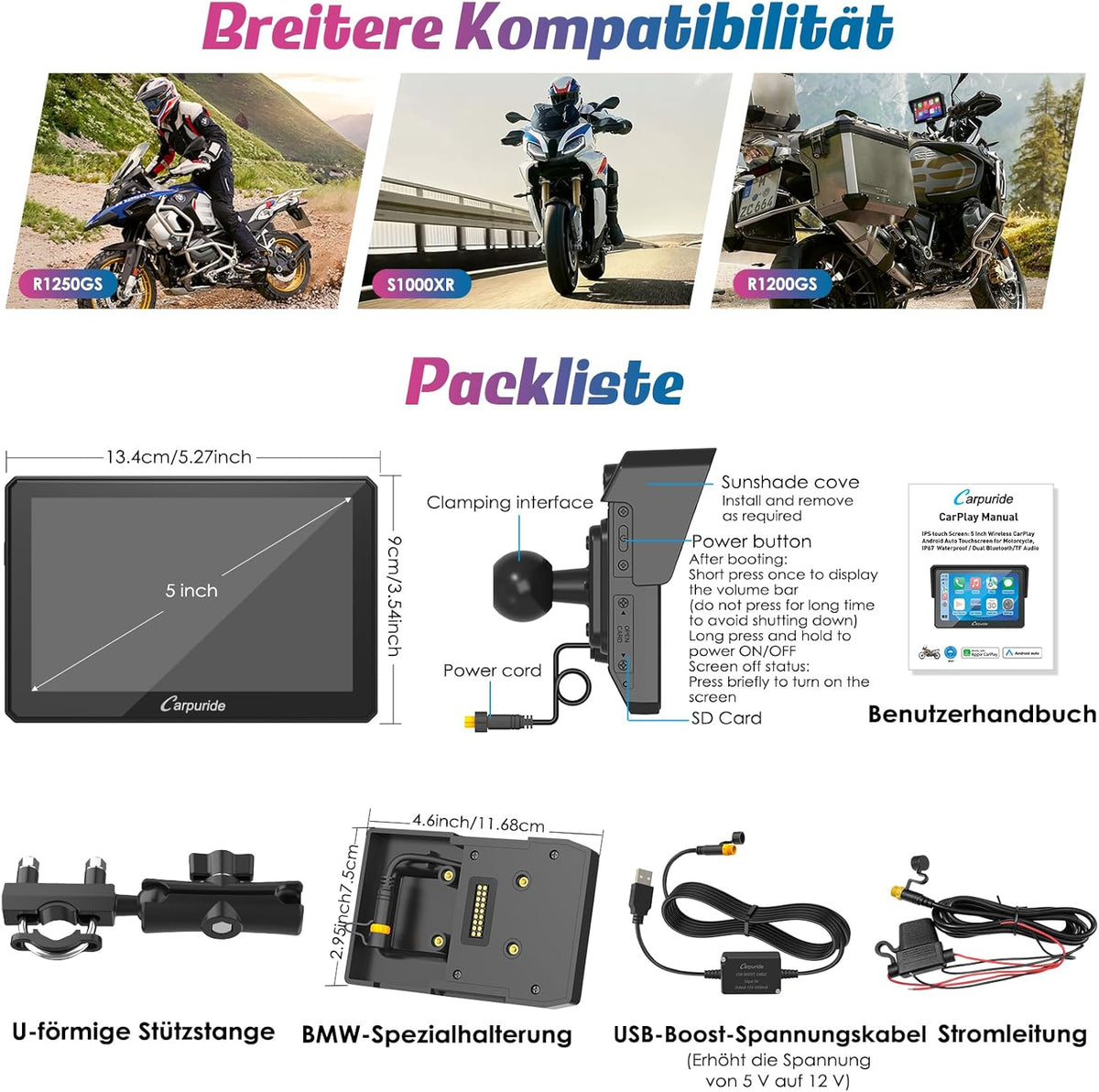 Carpuride w502b Motorfiets Carplay Scherm voor BMW R1200GS R1250GS S1000XR Motorfiets, 5 inch Waterdicht Touchscreen, Draagbare Carplay/Android Auto GPS Navigatie voor Motorfiets, Dual Bluetooth