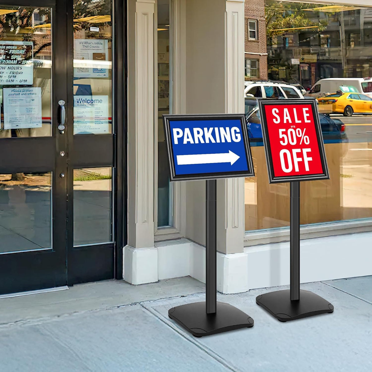 Schildstandaard Set van 3, Zwart – Displaystandaard – Posterstandaard A4 – Informatiestandaard – Menuhouder – Met Zware 2,6 Kg Metalen Voet – 360° Draaibaar En 180° Kantelbaar