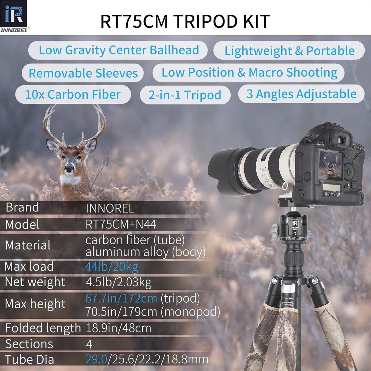 INNOREL RT75CM Koolstofvezel Statief 172 cm Professionele 2-in-1 Reisstatief & Balhoofd Kit Monopod Max Belasting 20 kg Max Buis 29 mm Heavy Duty Camera Ondersteuning met Middenkolom N44 Kogelhoofd
