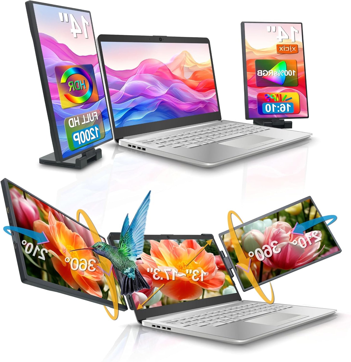 14 inch Portable Laptop Triple Screen Extender 1920x1200 IPS Multitasking Monitor Plug and Play Rotatable Collapsible for HDMI/USB-C 13-17" Portable Computer and Windows/macOS/Android - QUORE