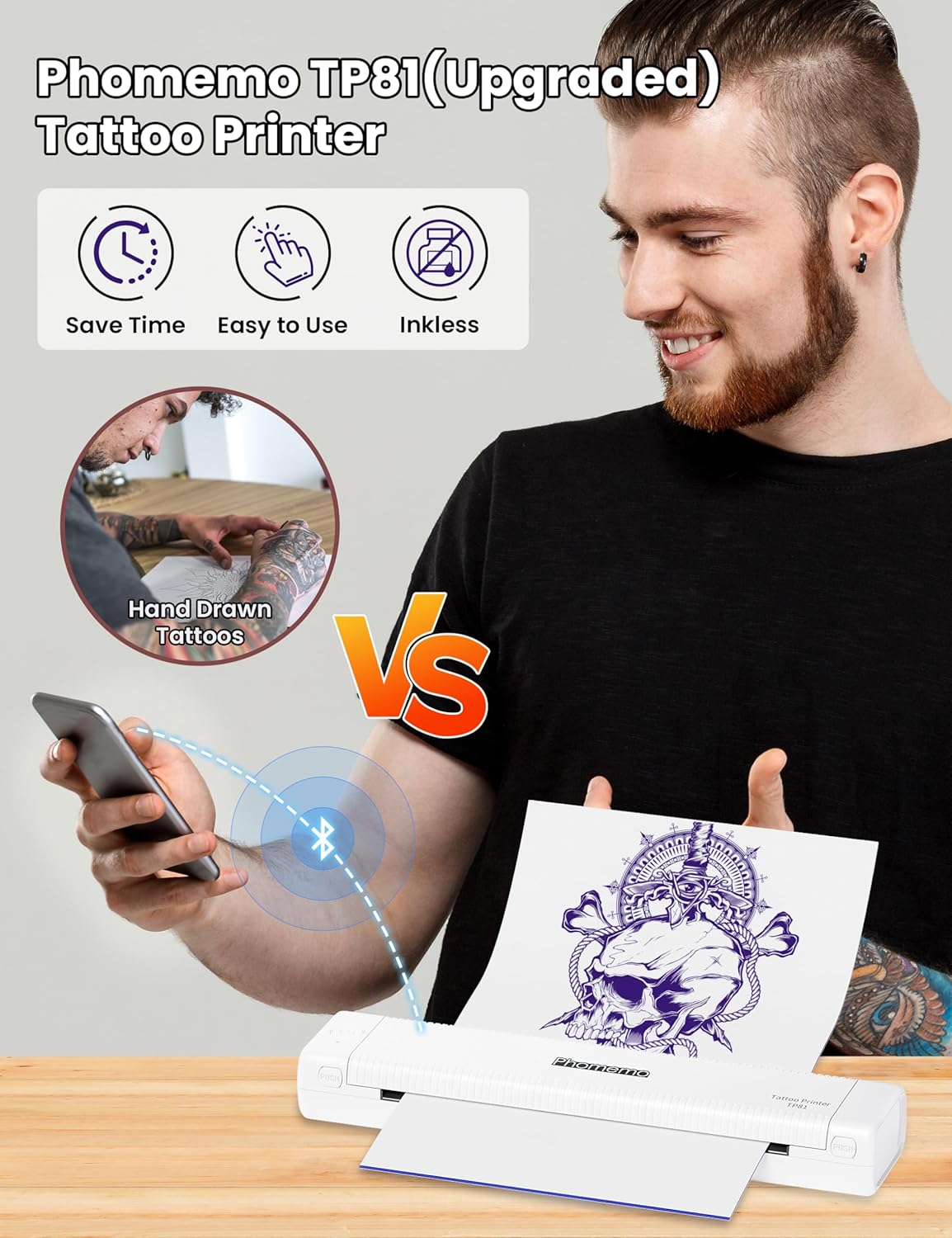 Phomemo TP81 Tattoo Printer, Stencil Printer with 10 Pcs Tattoo Stencils Paper, Thermal Tattoo Machine for Beginners or Artist Home Use or Studio, Pink - QUORE