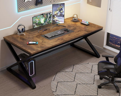 LVB Rustiek Groot Thuiskantoor 70.8” Lang en Breed Computerbureau, Houten Metalen Werkbureau voor Studie Schrijven Gamen, Boerderij Dubbele Monitor Werkstation Directie Computer Tafel, Rustiek Bruin