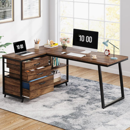 Tribesigns L-Shaped Computer Desk with 3 Drawers, Reversible Corner, Shelves, 133cm Industrial PC Desk, Study Writing Table, Small Space Workstation, Rustic Brown