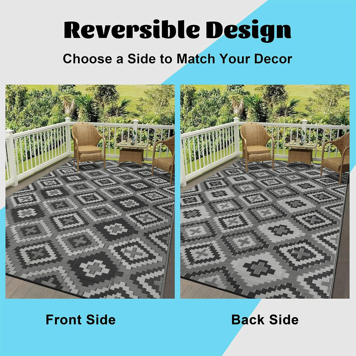 Buiten Vloerkleed - Buitenkleden - Buitentapijt - Opvouwbaar - UV-bestendig - Waterdicht - Buitenmatten - voor Buiten - Balkon - Strand - Picknick -Terras - Rechthoekig - 240 x 300 cm - Zwart/Grijs
