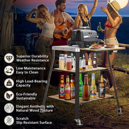 GFTIME Universele draagbare grillwagen, rollende roestvrijstalen grilltafel, keukeneiland multifunctionele wagen voor Solo Stove & Ninja Woodfire outdoor BBQ, grillstandaard met WPC-planken en 360°