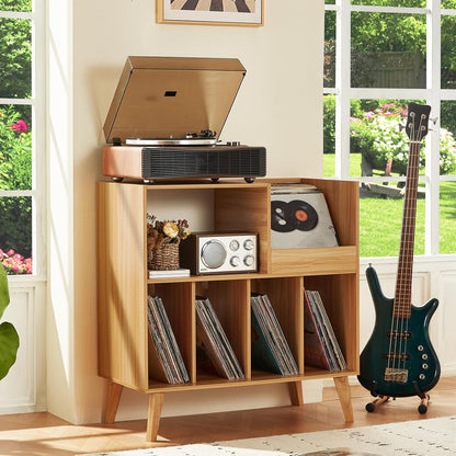 Draaitafelstandaard Houten – Platenspelerstandaard – Vinyl Opbergkast – Platenkast – Muziekmeubel – Voor Meer Dan 300 Vinylplaten – 4 Brede Vakken