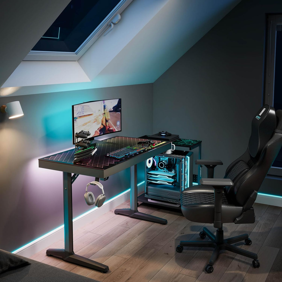 EUREKA ERGONOMIC Glazen gamingtafel met RGB 110 x 60 cm gaming bureau glas gamer PC computertafel met muzieksynchronisatie, app-bediening, hoofdtelefoonhaak, bekerhouder
