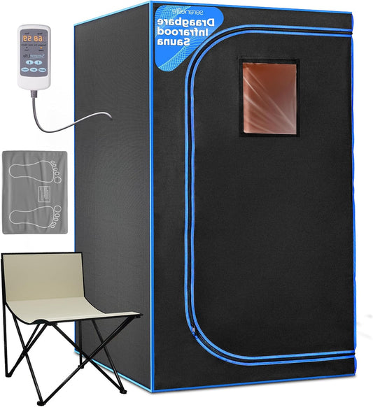 SereneLife Portable Sauna for Home Infrared Sauna Tent with Heated Foot Cushion and Foldable Chair-Sauna Box - Compact Personal Detox Sauna Remote Control for Home Spa, 90 x 180cm-Black - QUORE