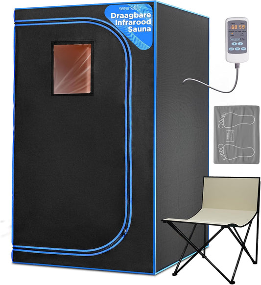 SereneLife Draagbare Sauna voor Thuis-Infrarood Saunatent met Verwarmd Voetkussen en Opvouwbare Stoel-Saunabox-Compacte Persoonlijke Detox Sauna- Afstandsbediening voor Thuis Spa, 90 x 180 cm-Zwart