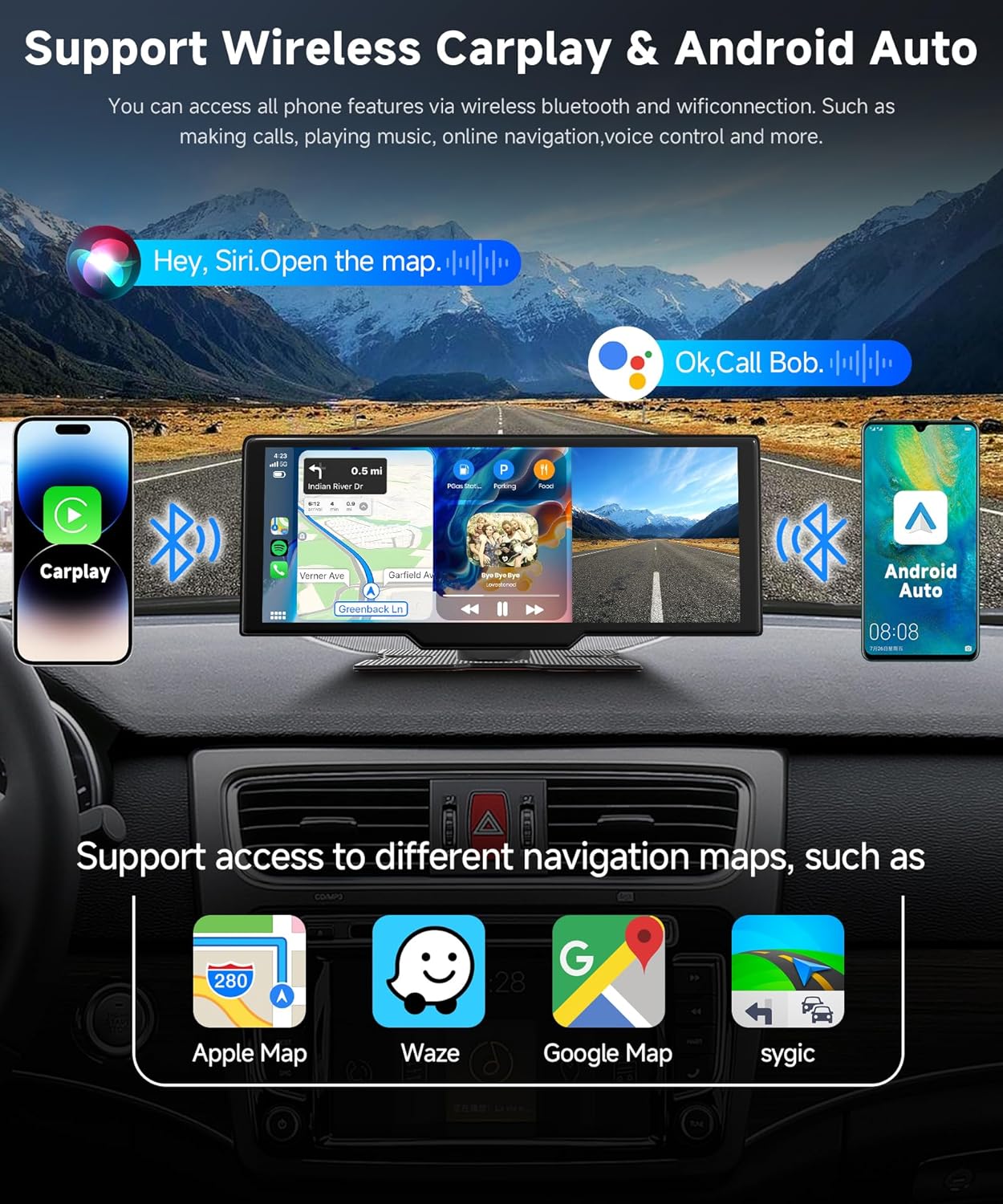 Podofo draagbaar draadloos carplay screen met 2K dashcam voor-en HD-achteruitrijcamera, 9,3-inch draadloos autospel Android Auto touchscreen-display met Bluetooth/GPS/Siri/FM/AUX/64G TF-kaart