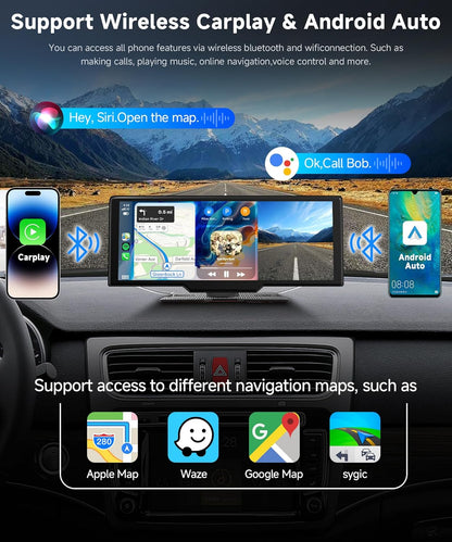 Podofo draagbaar draadloos carplay screen met 2K dashcam voor-en HD-achteruitrijcamera, 9,3-inch draadloos autospel Android Auto touchscreen-display met Bluetooth/GPS/Siri/FM/AUX/64G TF-kaart