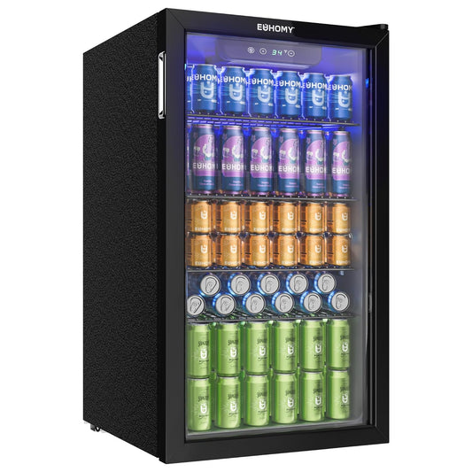 EUHOMY Drankkoelkast, mini-koelkast voor 126 blikjes met glazen deur, kleine koelkast met verstelbare planken voor limonade, bier of wijn, voor thuis/bar/kantoor, zwart roestvrij staal