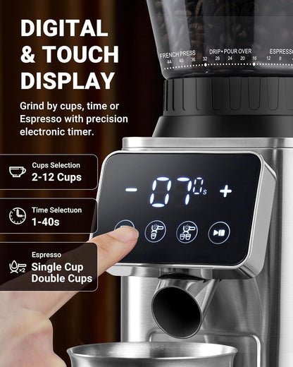 AMZCHEF Elektrische koffiemolen met afneembare houder en gemalen koffiecontainer | LED Touch Panel | 24 nauwkeurige maalinstellingen Elektrische Molen voor espresso/druppelaar/overgieten/French Press