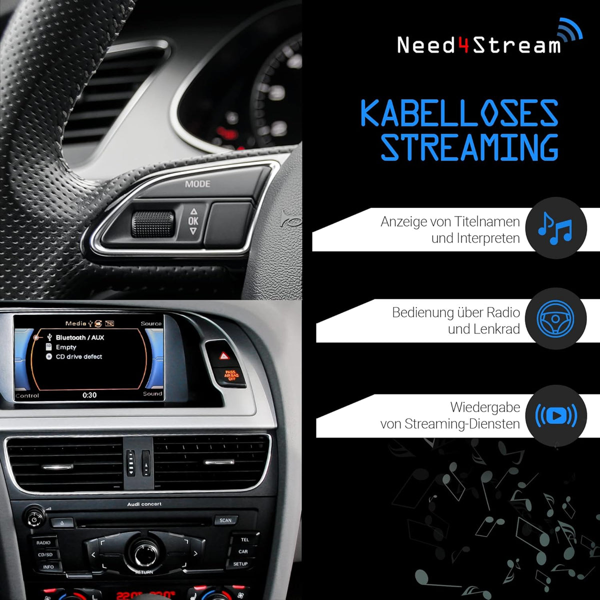 Bluetooth audio-interface voor auto met AUX-aansluiting – Bluetooth audio adapter – Bluetooth muziekadapter – Bluetooth adapter – Bluetooth muziekstreamer – Automatische koppeling bij starten – Titel- en artiestweergave op display