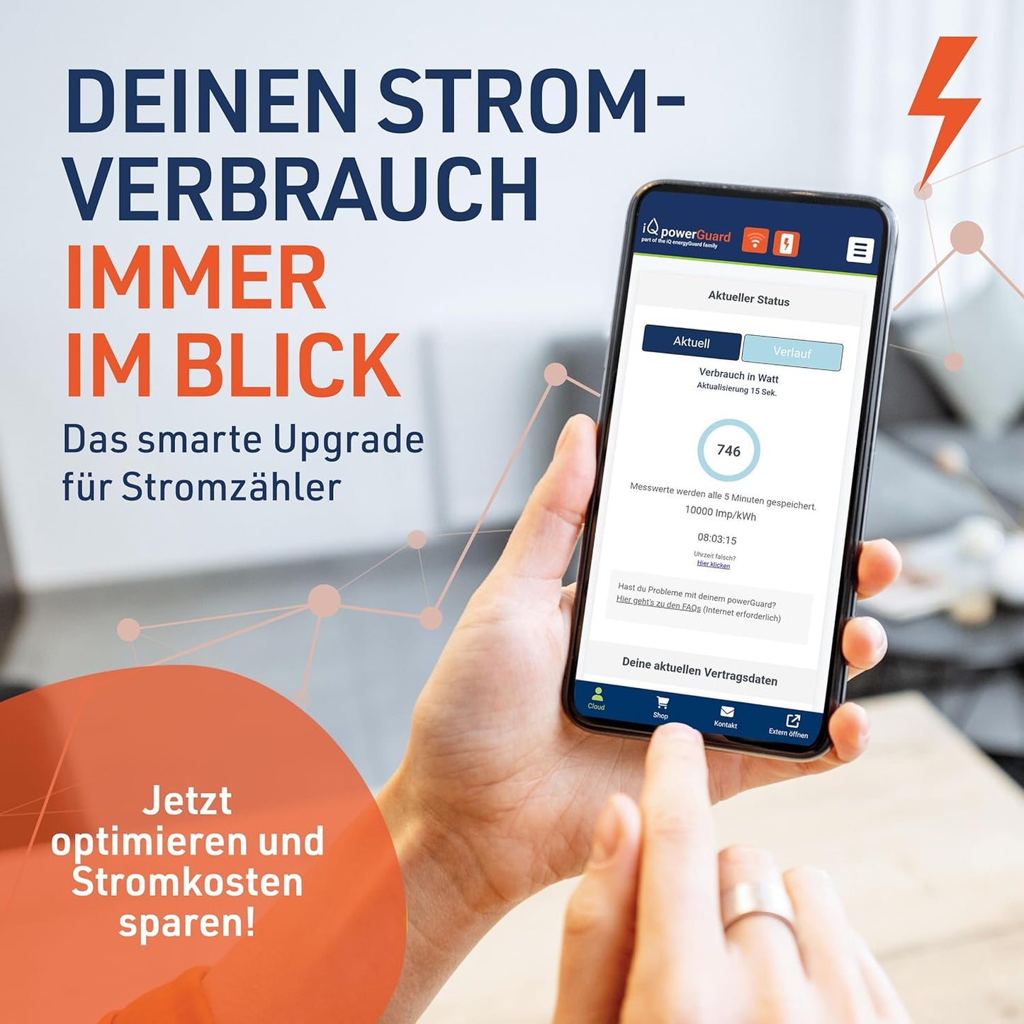 iQ powerGuard - Slimme stroommeter incl. interface, iQ Cloud, app, alarmfunctie & WLAN - Digitale bewaking van stroomverbruik & kosten - stroommeter & stroomverbruikmeter met wifi