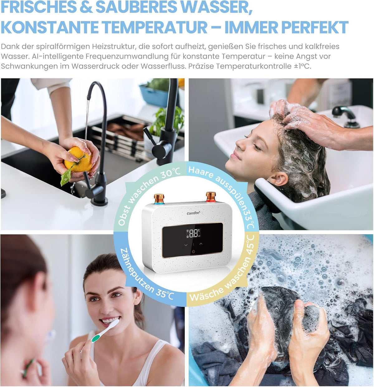 COMFEE CWH3.5EA1W Mini-doorstroomboiler, 3,6 kW, voor wastafel, elektrische doorstroomboiler, klein, 230 V onderbouw, elektronisch geregeld, drukvast, onmiddellijke warmwaterbereiding, ruimtebesparend
