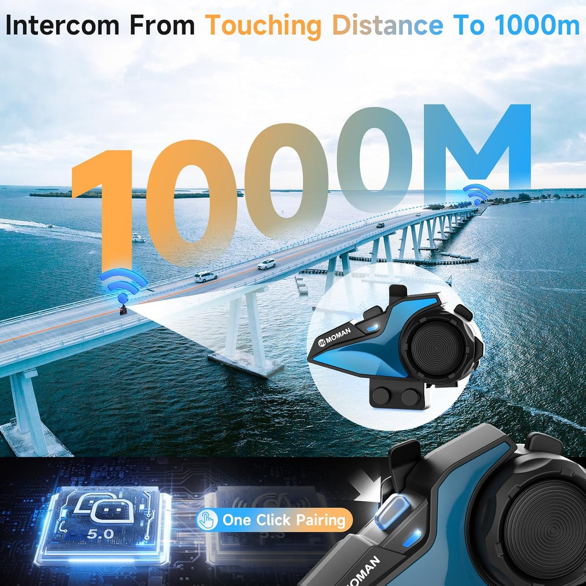 Moman Motorfiets Intercom, H2E Eagle-Like Helm Headset Communicatie Systeem met Dual Chip voor Audio Multitasking HiFi/Muziek delen/FM/AI Voice (2Pack), Motorfiets-Intercom-Helm-Headset-Hoofdtelefoon