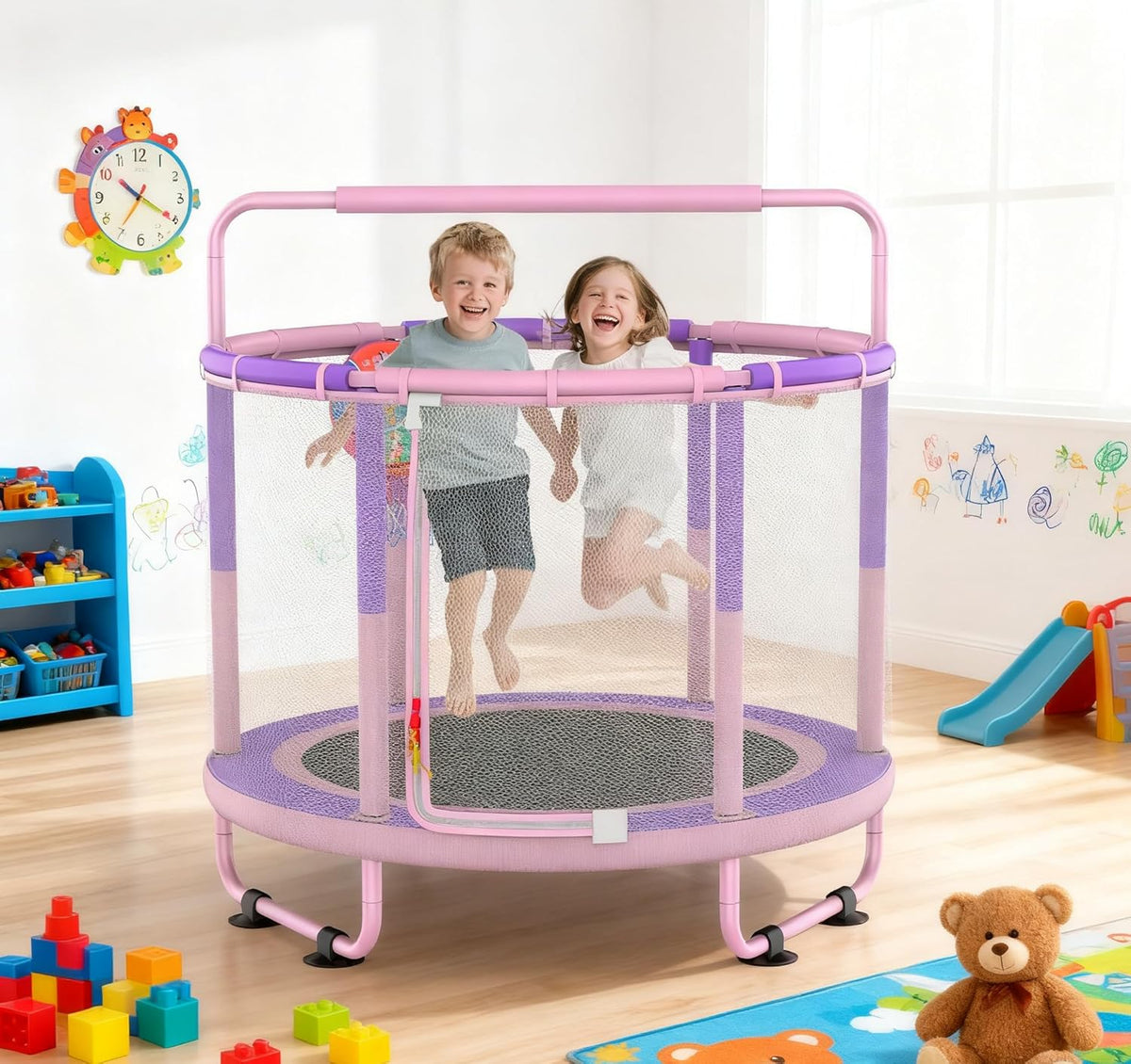 Children's Trampoline, Children's Trampoline for Outdoor, Indoor and Outdoor Use Available Trampoline with Safety Net, Basket, Rod, Swing, Gift for Children - QUORE
