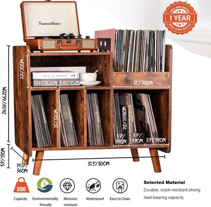 Mid-century Record Player Stand with Vinyl Storage for Up to 350+ Albums, Vinyl Record Cabinet with Adjustable Shelves, Brown