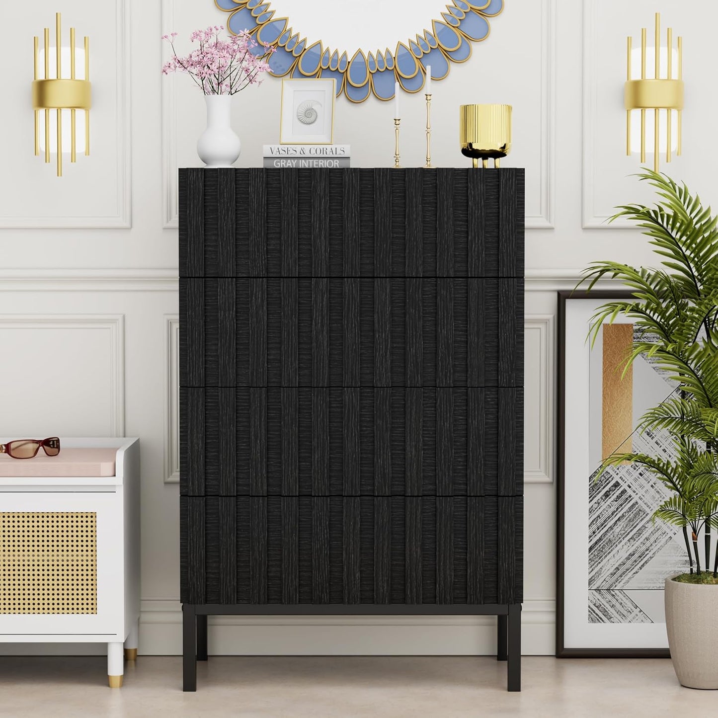Ladekast – Smalle Ladekast – Opbergkast – Dressoir – Kast Met Lades – 4 Ruime Lades – MDF Metalen Poten – 60x34,5x92 cm – Zwart – Kras- En Vochtbestendig