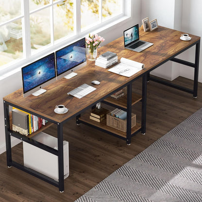 Tribesigns Double Desk with Bookshelf, 78.7 Computer Office Double Desk for Two People, Rustic Writing Desk Workstation with Shelf for Home Office (Brown)