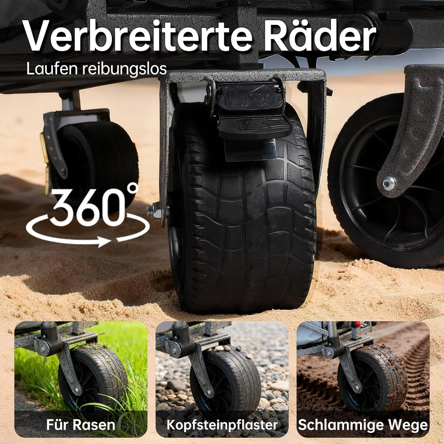 Premium campingwagen met remmen en afneembare wielen, grote transportwagen met 600D Oxford-stof, magnetische handgreep en extra opbergruimte voor camping, strand en tuin (grijs)