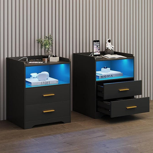Nachtkastje – Bijzettafel – Bedkastje – Slaapkamerkastje – Dressoirkastje – Set Van 2 Zwart – RGB LED Verlichting Met Bewegingssensor – Draadloos Oplaadstation Usb Type-C - QUORE
