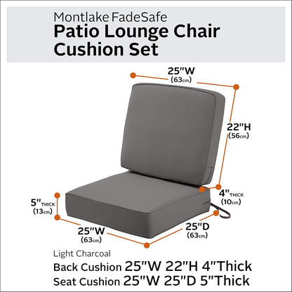 Classic Accessories Montlake Water-Resistant 25 x 25 x 5 Inch (seat)/25 x 22 x 4 Inch (back) Patio Cushion Set, Light Charcoal Grey, Chaise Lounge Cushions Outdoor