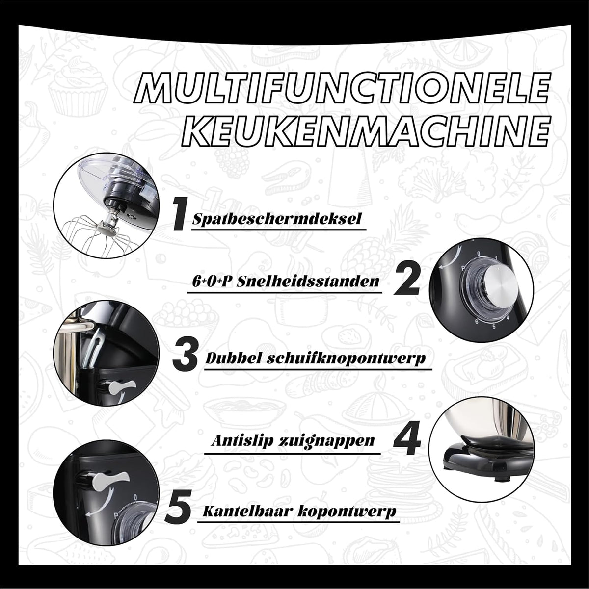 Kitchen in the box Keukenmachine, 7,5 L Staande Mixer 1400W – Deegmixer met Planetaire Mengtechniek, Menghaak, Deeghaak, Garde (Zwart)