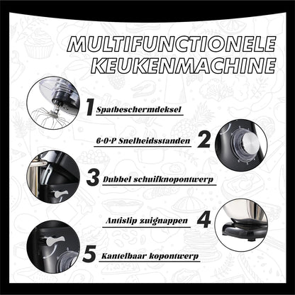 Kitchen in the box Keukenmachine, 7,5 L Staande Mixer 1400W – Deegmixer met Planetaire Mengtechniek, Menghaak, Deeghaak, Garde (Zwart)