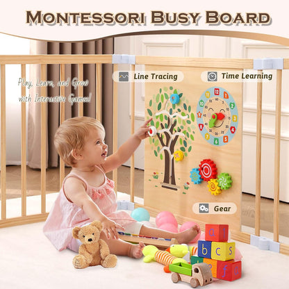 Wooden Baby Playpen with Door, Removable and Expandable Baby Play Fence for Toddlers, Wooden Playpen Baby Playground with Chalk Whiteboard and Montessori Activity Games (6 Panels- 62 x 56 Inch) - QUORE